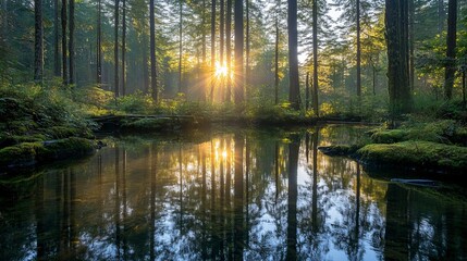 Obraz premium Calm forest river, sunlight filtering through trees, serene water reflection, Generative AI