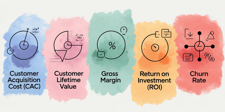 Business Metrics CAC CLTV ROI Gross Margin Churn Rate Charts