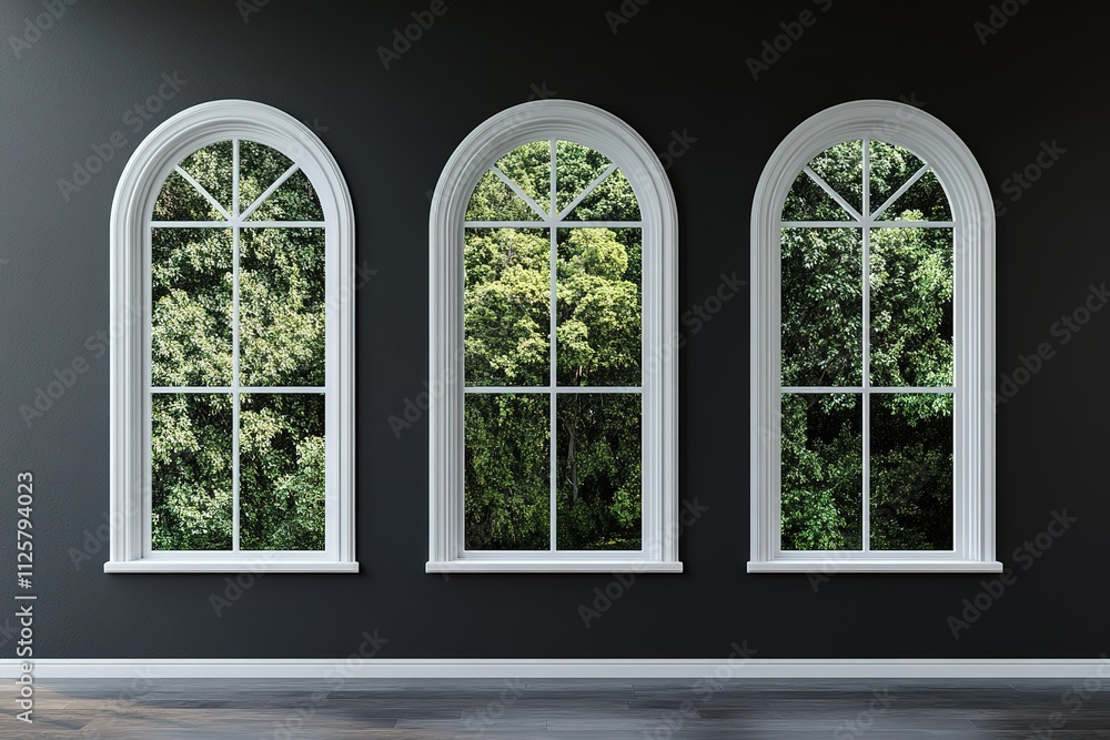 Poster three arched windows with trees visible in the background