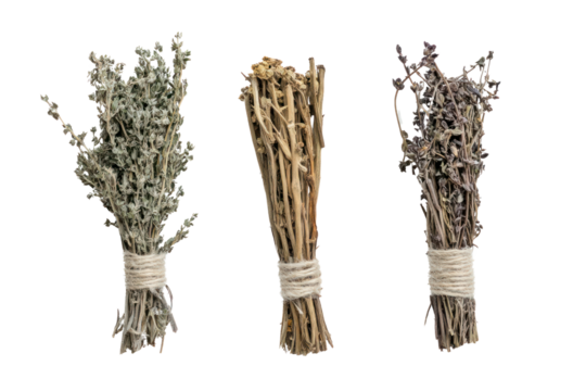 Dried herbs bundles on a white isolated background for culinary or decorative use.