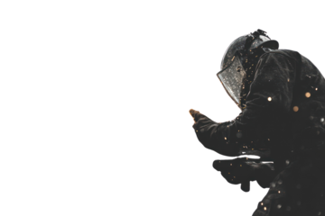 Firefighter in protective gear, focused on action amidst sparks, isolated on black background.