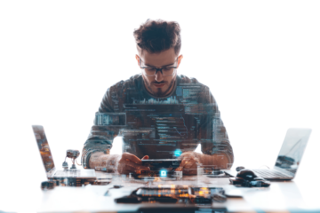 Focused individual engaged in digital interaction, surrounded by modern devices on a workspace.