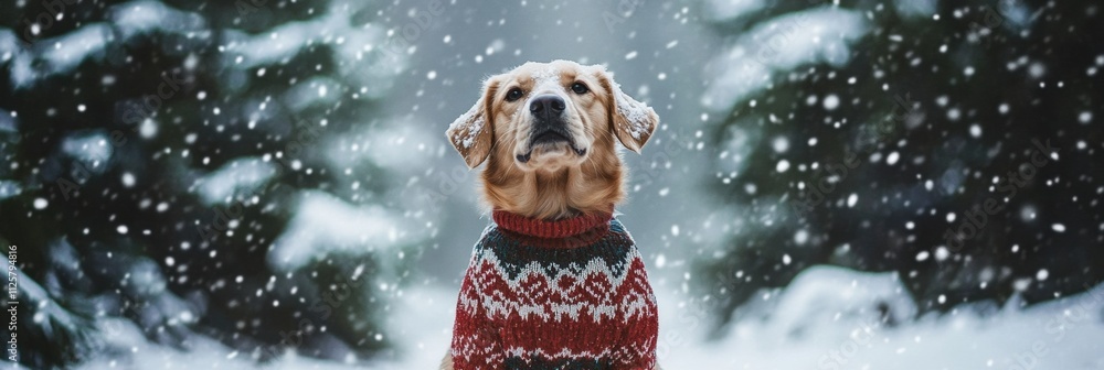 Poster a cheerful dog wears a festive winter sweater while sitting in a snowy landscape, surrounded by tree