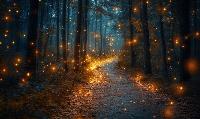 Obraz premium Dark forest pathway illuminated by shining fireflies, Generative AI