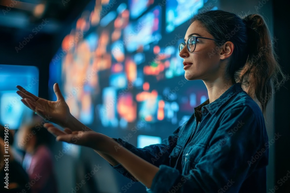 Aufkleber engaging young professional woman gesturing confidently in a modern workspace, surrounded by vibrant
