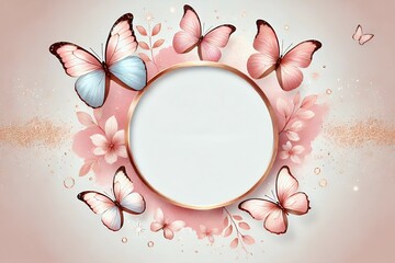 Butterflies in light pink and rose gold hues around a rose gold circular frame