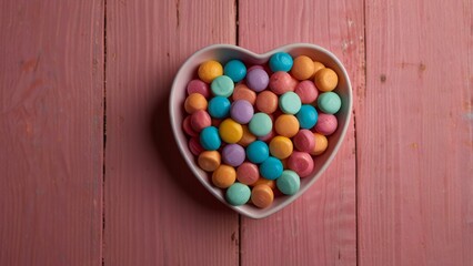 heart shaped candies on wooden background