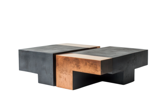 Modern coffee table design showcasing geometric shapes with a blend of metal and wood, isolated on a white background.
