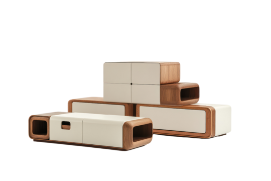 Modern furniture design featuring stylish wooden storage units with white panels on isolated background.