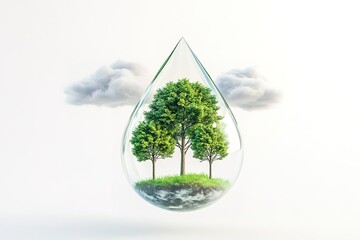 A glass container with three trees inside and a cloud in the background