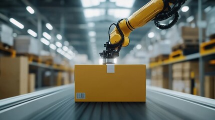Automation in Action: Robotic Arm Picking Up Yellow Package on Conveyor Belt in Modern Warehouse Environment with Boxes in Background