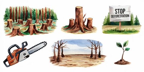 Stop Deforestation Watercolor Illustrations of Tree Stumps Chainsaw Sapling and Sign