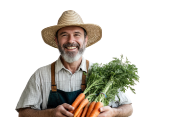 Smiling farmer holding fresh carrots and greens, wearing a straw hat and apron, isolated on white background.