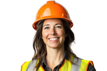 Smiling woman in safety gear with an orange hard hat and reflective vest, showcasing a positive and professional image.