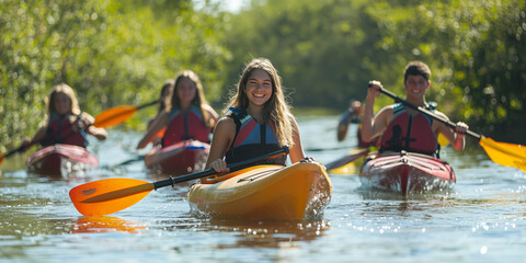 Kayak on water. Kayaking adventures at a seasonal resort lake or river.