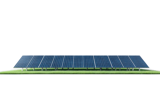 Solar panels on grass, representing renewable energy and sustainability, with a white isolated background.