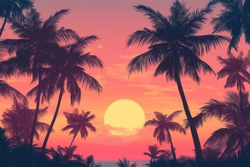 A vibrant sunset over a tropical landscape with silhouetted palm trees.