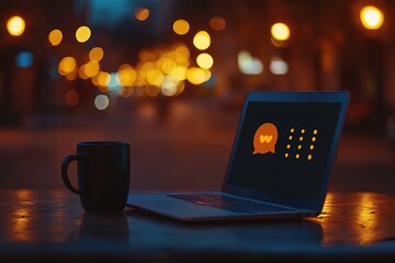 A laptop is open on a table with a cup of coffee next to it