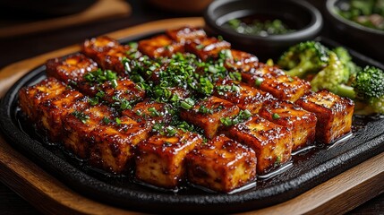 Sizzling tofu with mixed vegetables asian cuisine delicious food platter restaurant interior close-up view culinary delight