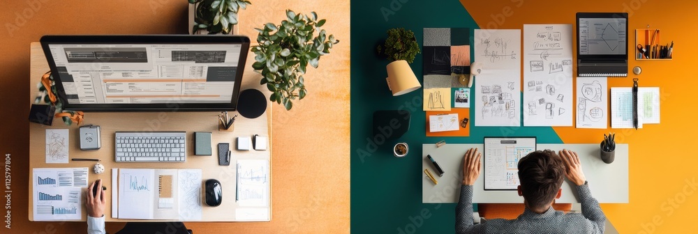 Poster A clean workspace with technology on one side contrasts with an artistic setup featuring sketches and designs on the other side. Generative AI