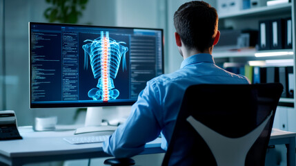 A healthcare professional analyzes a digital spine scan on a computer screen, showcasing advanced medical technology in a modern office environment.