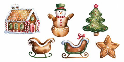 Fototapeta premium Watercolor Christmas Gingerbread Cookies House Snowman Tree Sleigh Star