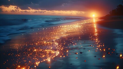 Golden sunset sparkles on wet sand at the ocean's edge.
