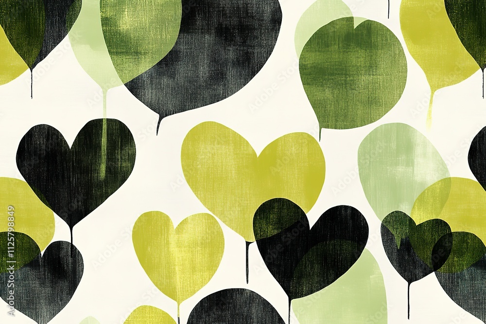 Poster a pattern of hearts and leaves with a green and black color scheme