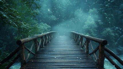 Fototapeta premium An old wooden bridge disappearing into deep fog, with one side surrounded by green foliage and the other icy with snowflakes drifting in the air, creating a magical and mysterious winter landscape.