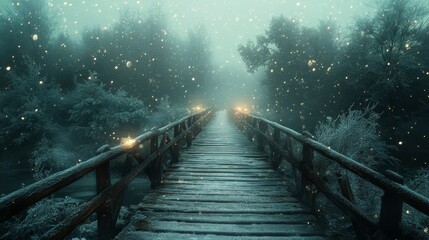 Fototapeta premium An old wooden bridge disappearing into deep fog, with one side surrounded by green foliage and the other icy with snowflakes drifting in the air, creating a magical and mysterious winter landscape.