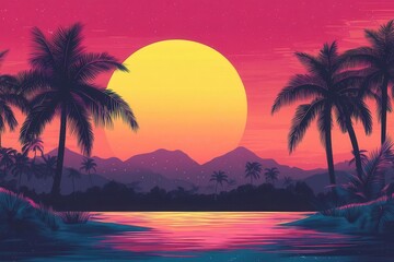 A vibrant sunset scene with palm trees reflecting on water, creating a tranquil atmosphere.