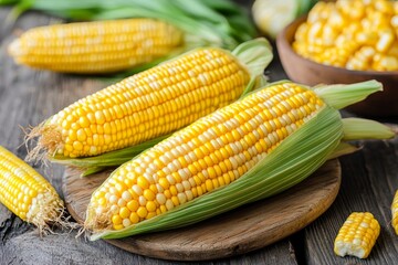 Freshly Harvested Golden Corn Kernels on Cob Surrounded by Green Leaves and Rustic Wooden Surface with Additional Cobs in Background for Food and Agriculture Themes