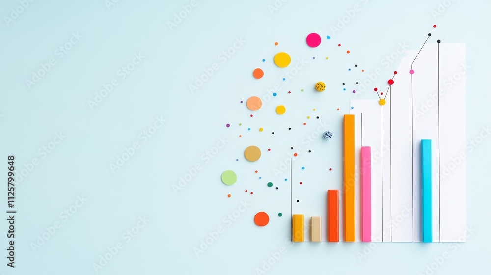 Poster colorful bar graph with rising trend line on a soft blue background, enhanced by playful colorful ci