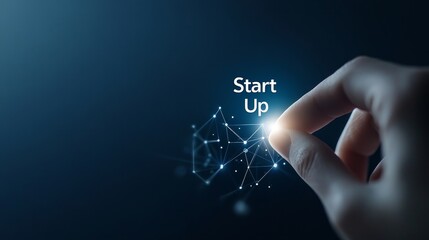 Fototapeta premium Digital hand touching abstract network for startup concept with glowing connections and modern technology on dark background