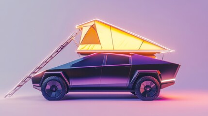 Futuristic Electric Vehicle with Rooftop Tent and Ladder in Neon Glow, Perfect for Adventure, Camping, and Modern Outdoor Lifestyle Imagery