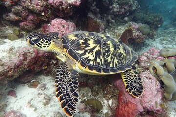 Obraz premium Graceful Sea Turtle Swimming Amid Colorful Coral Reefs Underwater, Showcasing Nature's Beauty and Marine Life in a Vibrant Ocean Environment