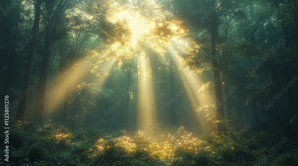 Poster sunlight streaming through trees in mystical forest atmosphere