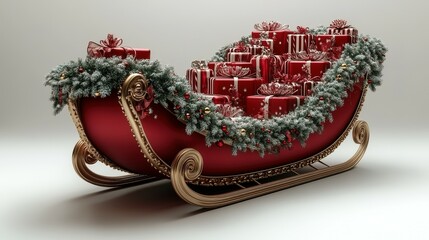 Jolly Red Sleigh: Heavily Decorated with Gifts and Candy Canes in a Beautiful 3D Composition