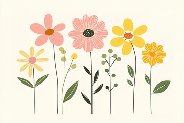 Obraz premium A row of flowers with a yellow flower in the middle