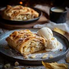 Delicious apple strudel dessert served with a scoop of vanilla ice cream on a rustic wooden table, beautifully plated for an exquisite culinary experience.
