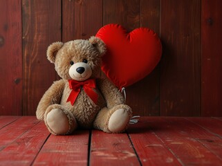 Obraz premium teddy bear with red heart on wooden background