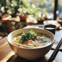 Delicious bowl of traditional Vietnamese pho, featuring fresh herbs and rice noodles, served in a cozy restaurant with natural light and wooden decor