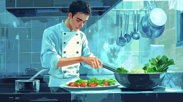 A chef expertly preparing a vegetarian meal, showcasing precision and culinary skill. Focus on the cooking process.