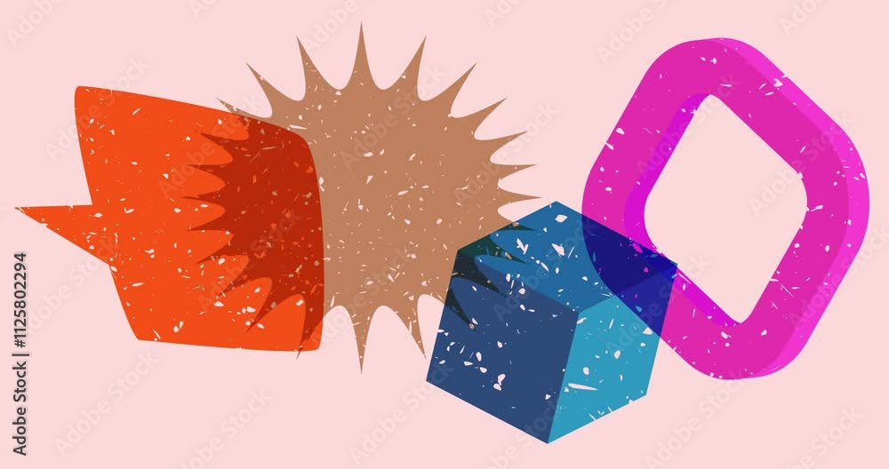 Poster risograph speech bubble with geometric shapes animation. moving object in trendy riso graph design v