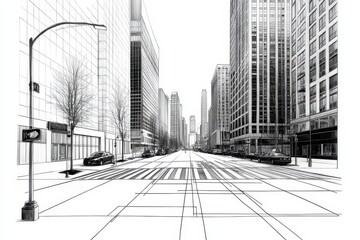 Urban Cityscape Illustration Featuring Modern Architecture, Buildings, Street Grid, and Bare Trees Capturing the Essence of a Metropolis in Line Art Style