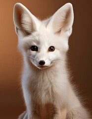 Obraz premium A captivating portrait of a stunning white arctic fox. Its luxurious fur and intense gaze are beautifully presented against a warm brown background