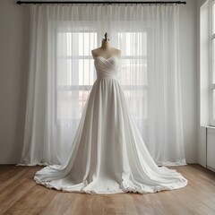 Fototapeta premium Minimalist Strapless Wedding Dress Mockup On A Mannequin, Surrounded By Soft White Curtains