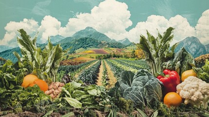 A collage combining images of healthy vegetarian food with sustainable farming practices, emphasizing interconnectedness.