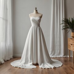 Fototapeta premium Minimalist Strapless Wedding Dress Mockup On A Mannequin, Surrounded By Soft White Curtains