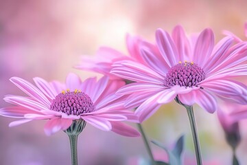 Obraz premium Two pink flowers are in a field of green grass